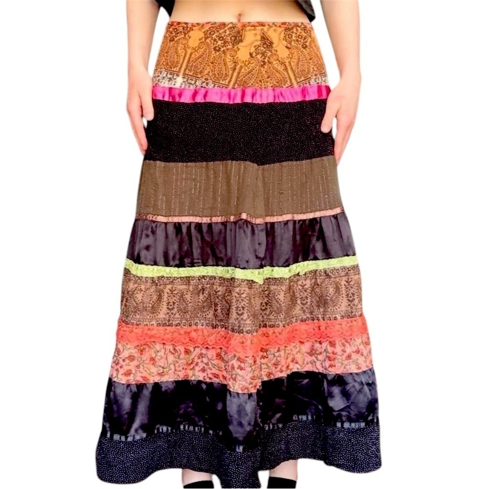 Bamboo Traders Bohemian Multicolor Tiered Mixed Media Women's Midi Maxi Skirt L